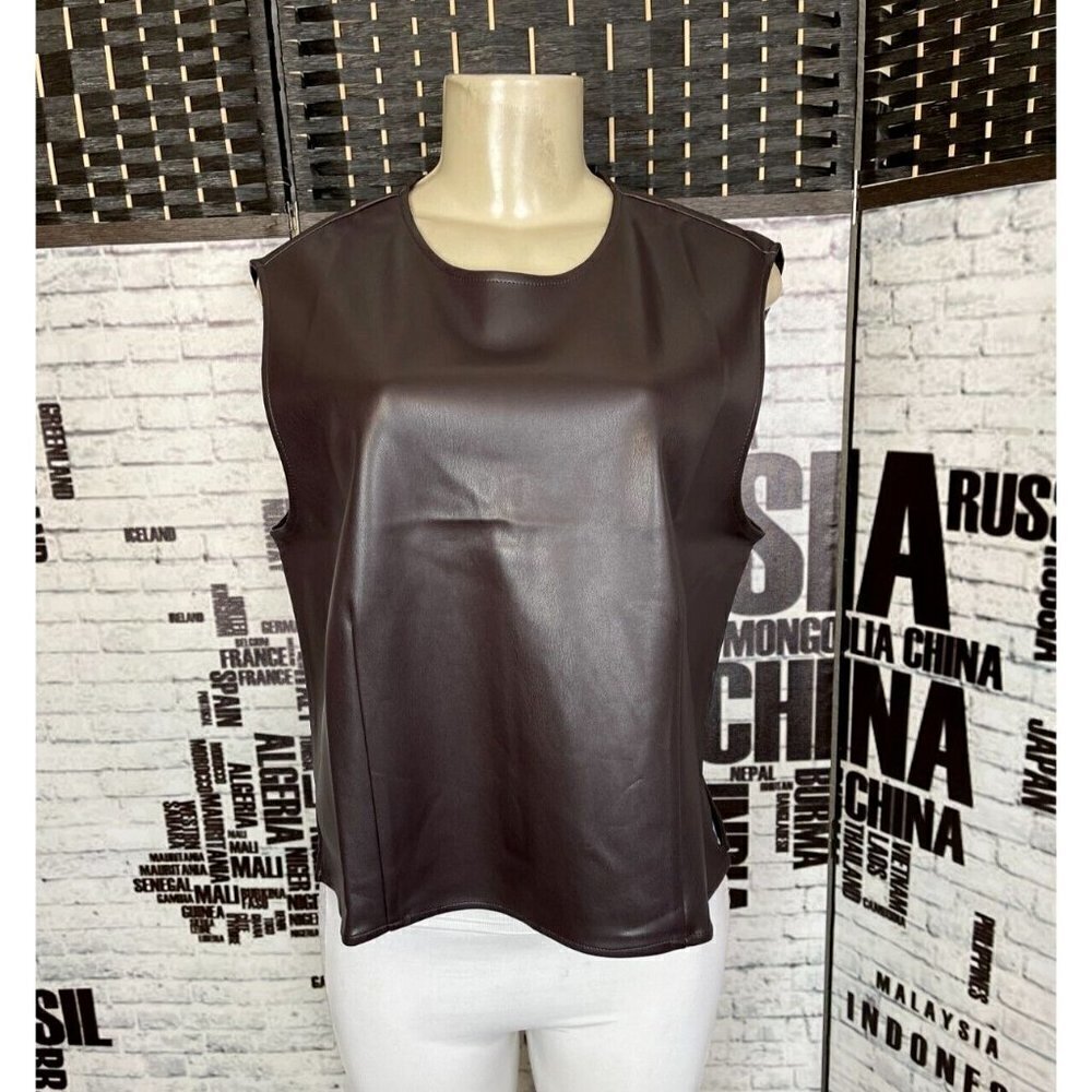 Halogen Nordstrom L Chocolate Brown Faux Leather Crew Neck Sleeveless Shell Top